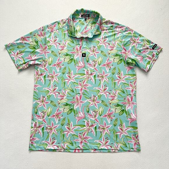 Bad Birdie Men Teal Hibiscus Floral Print Performance Stretch Golf Polo Shirt XL - Picture 1 of 10